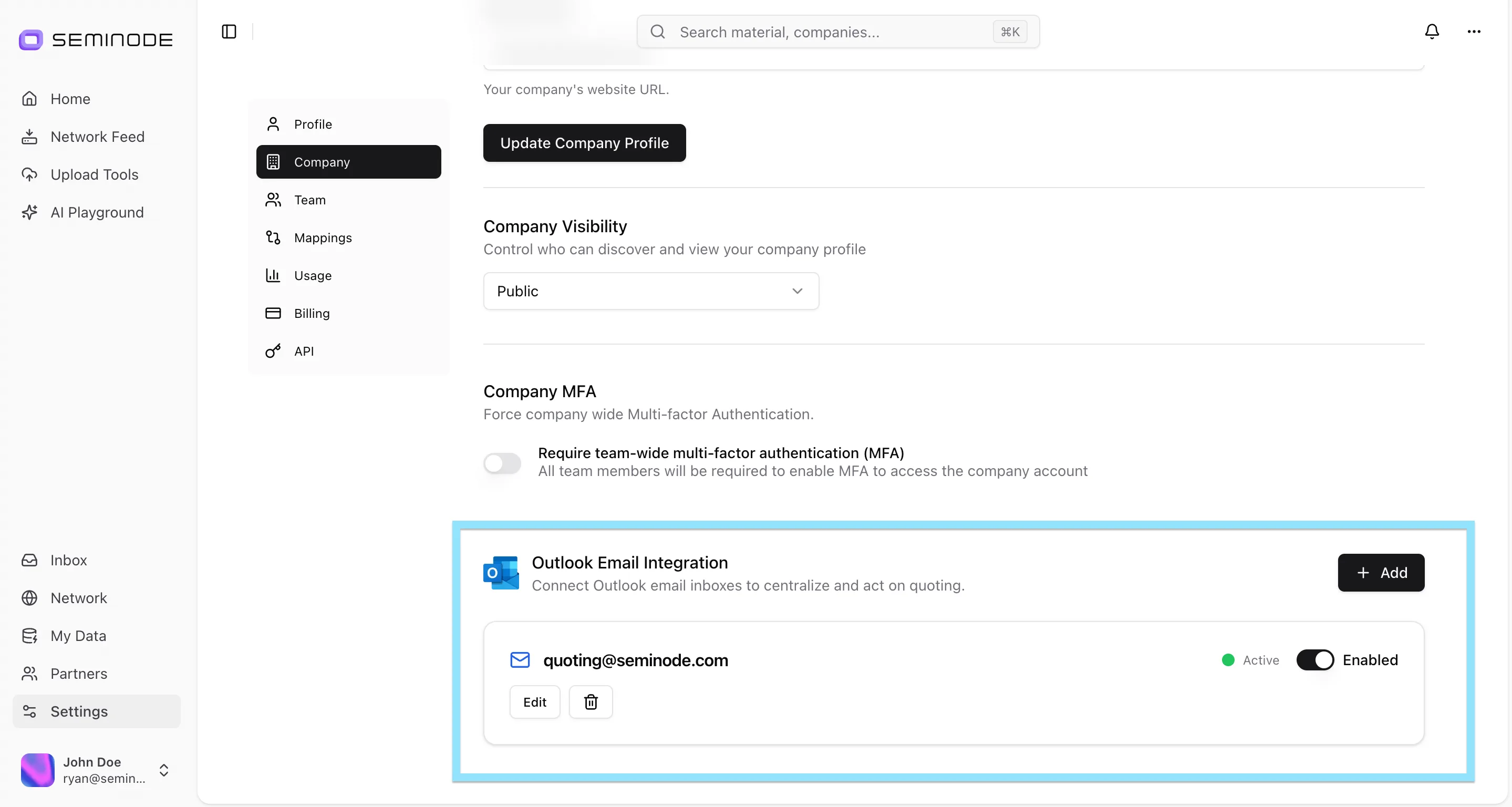 Outlook integration and quoting workflow in Seminode